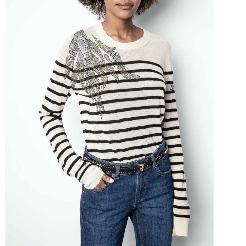 ZADIG & VOLTAIRE Miss Stripes Flower Cashmere Sweater Bejeweled Women’s Size S